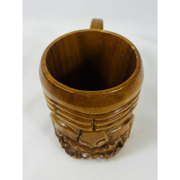 Hand Carved Tiki Wood Head Mug Polynesian South Pacific 5" - Picture 4 of 8